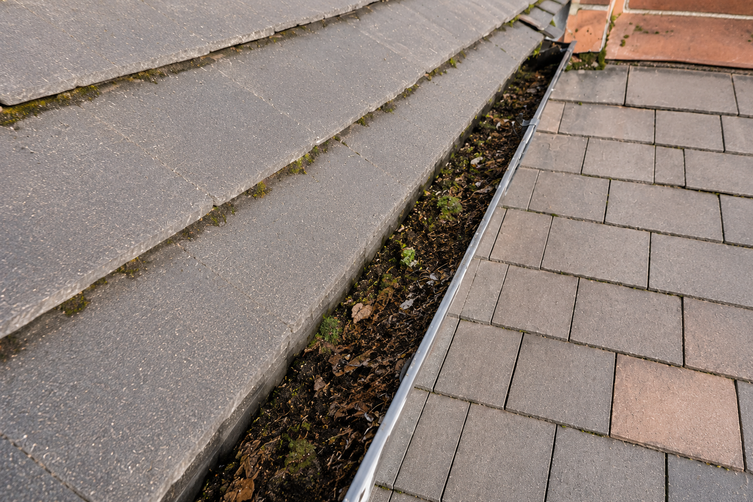 Before gutter cleaning — gutters packed with compacted autumn leaves, moss, and debris